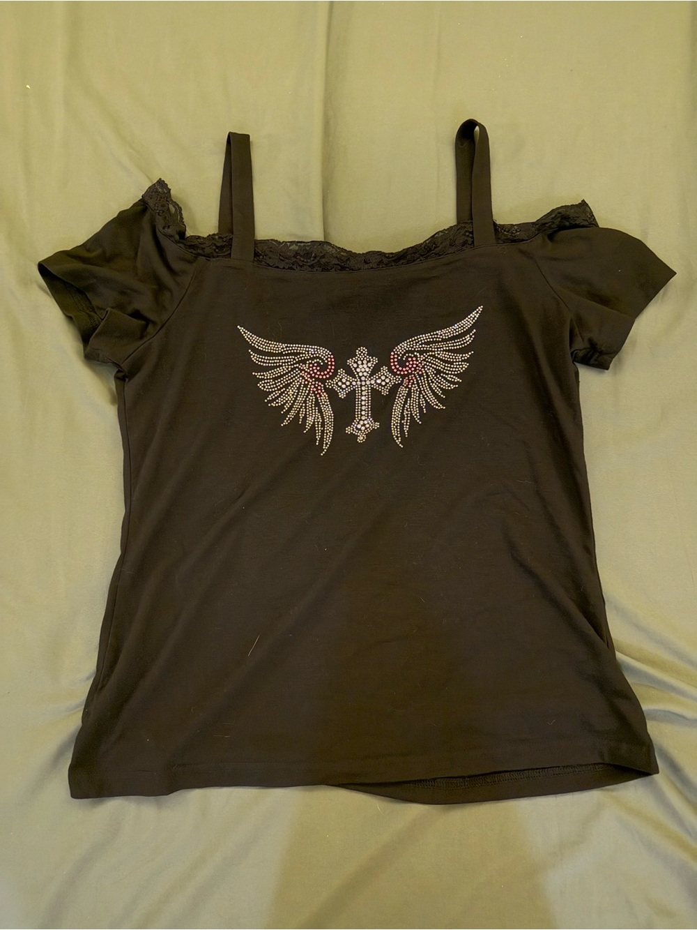 Black Off-Shoulder Rhinestone Cross & Wings Women's Top
